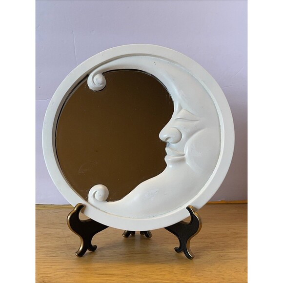 Crescent Moon Face  Mirror  Celestial Resin Heavy White 9.5” Vintage - Picture 1 of 6